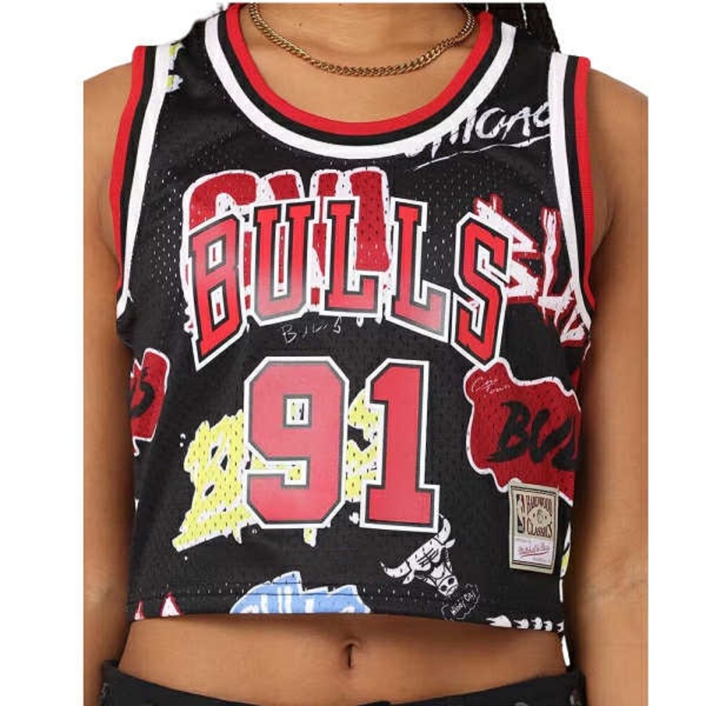 WOMEN'S MITCHELL & NESS SLAP STICKER BULLS DENNIS RODMAN CROP TANK